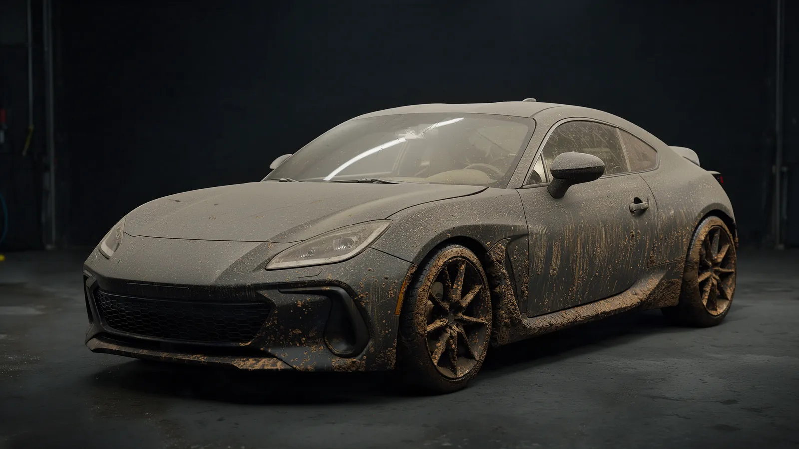 The coupe before the wash, covered in mud and road grime